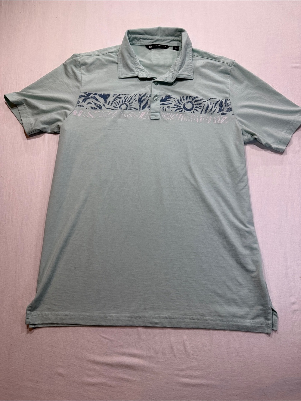Travis Mathew Men's Sage Green Polo with Navy Chest Print